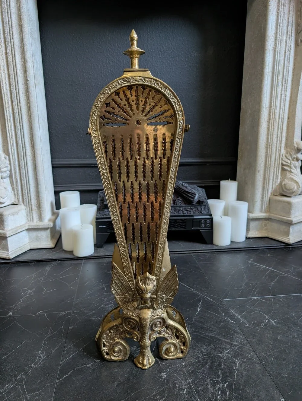 Vintage Solid Brass Griffon Peacock fireplace screener Art Deco Statement Decor